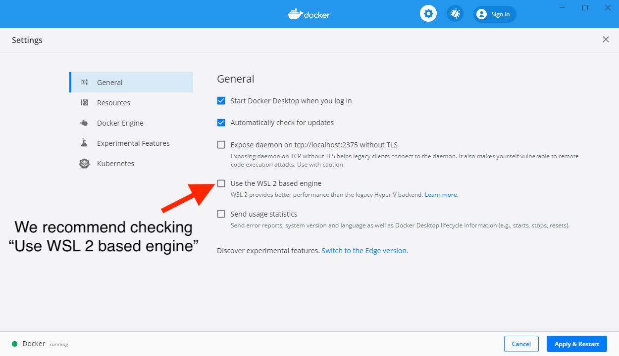 Docker settings that show WSL2 is not selected.